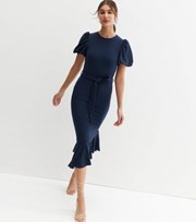 New Look Navy Scuba Crepe Puff Sleeve Belted Midi Dress